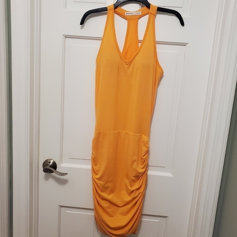 Athleta Racerback Tiger Lily Orange Ruched Dress Size XS, Built-in bra